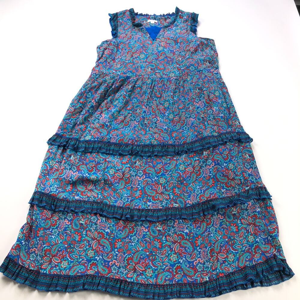 J. Jill PM Petite 100% Rayon Paisley Ruffled Tiered Below Knee Dress Blue MINT